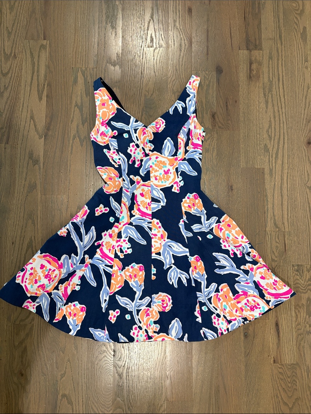 Lilly Pulitzer Navy Floral V-Neck Sleeveless Dress with Pink and Orange Blooms